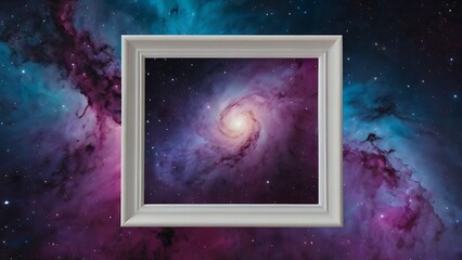 A framed galaxy picture floating in space against a colorful nebula background, a cosmic artwork