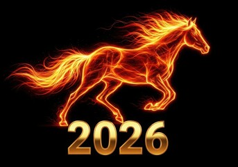 Fiery horse galloping above the year 2026