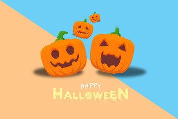 Festive Halloween background with smiling and cheerful pumpkins on pastel colors. Cute holiday illustration perfect for seasonal greeting cards, invitations, or digital decorations.