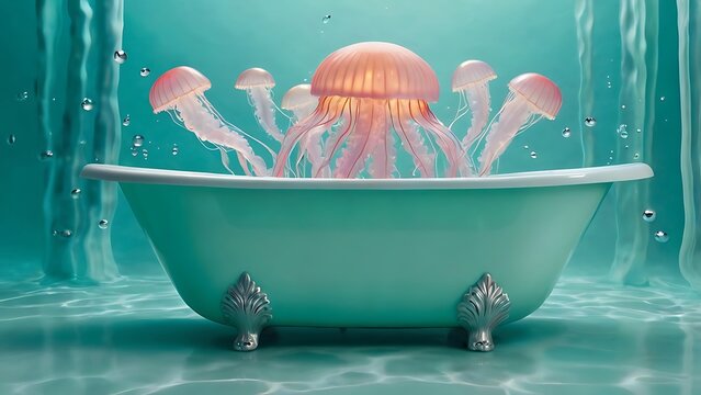A whimsical bathtub scene featuring jellyfish swimming in a turquoise tub with water droplets and a blue background - Powered by Adobe