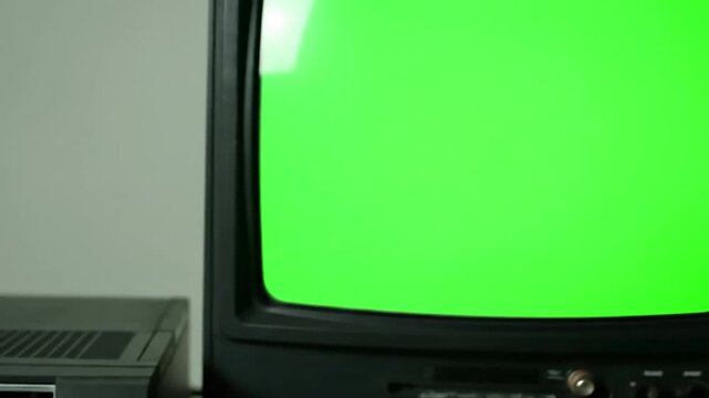 Retro Green Screen TV with male hand inserting a vhs into vcr and an old you can replace the footage or picture want do it lkeyingr effect in after effects distortion, overlay, glitch, static noise
