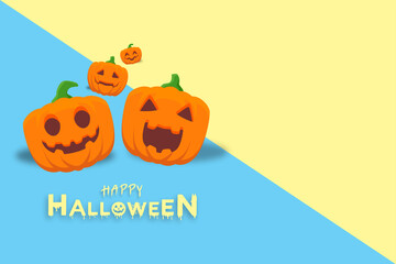 Festive Halloween background with smiling and cheerful pumpkins on pastel colors. Cute holiday illustration perfect for seasonal greeting cards, invitations, or digital decorations.