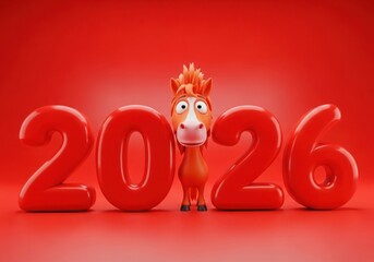 Cute horse character with 2026 balloons on red background