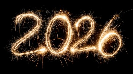 Sparkler creating NEW YEAR 2026 light trails against dark background