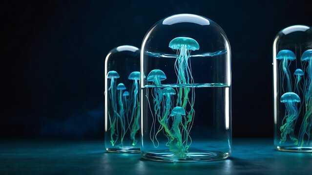 Glowing jellyfish in glass jars on a dark background, creating a surreal and captivating underwater scene - Powered by Adobe