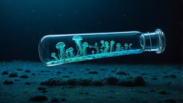 Jellyfish in a glass bottle on the ocean floor, creating a surreal and captivating underwater scene