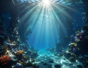Sunlit underwater vista with vibrant coral, rocks, and marine life