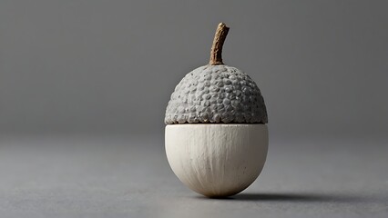 Studio shot of a decorative acorn with a white base and textured gray cap on a gray background