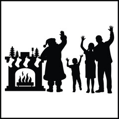a family of four waving goodbye to Santa Claus near a fireplace