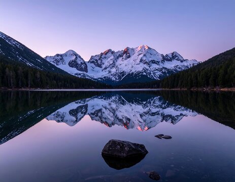 Snow-capped mountain range reflects into tranquil lake at dusk - Powered by Adobe