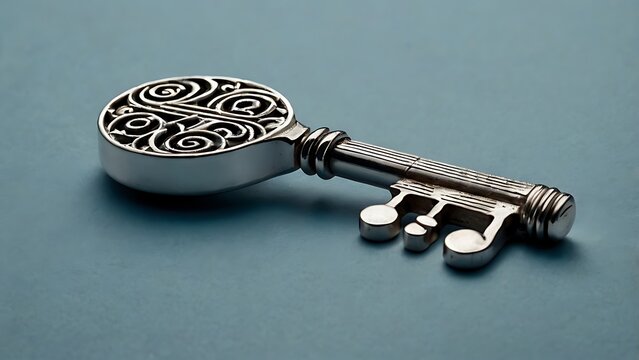 Ornate silver key with musical note design on a blue background, vintage and antique style concept