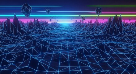 Neon retro 80s digital landscape with grid, mountains and shapes