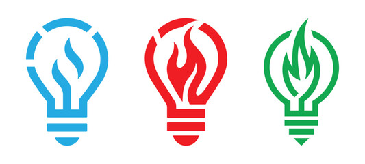 creative flame light bulb logo design in red blue green color concept for energy and innovation icons
