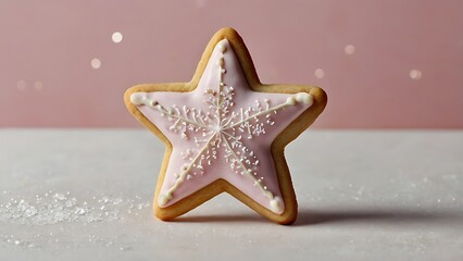 Star shaped sugar cookie with pink icing and white snowflake decoration on white background, festive treat