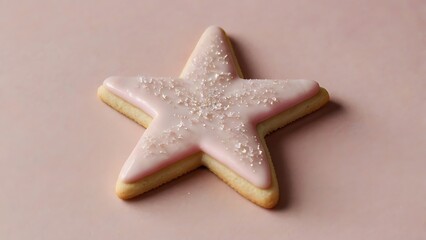 Delicious star shaped sugar cookie with pink icing and sprinkles on a pink background, perfect for a treat