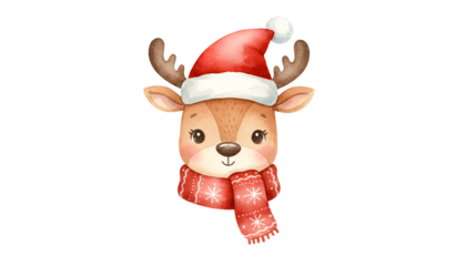 Cute watercolor reindeer wearing santa hat and red scarf