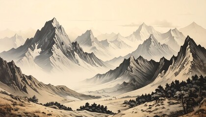 A Majestic Mountain Range Landscape Painting in a Vintage Style
