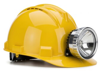 Yellow hard hat with a bright headlamp for safety and illumination