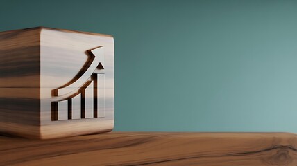 Elegant wooden cube with a carved upward-trending bar chart, symbolizing consistent business growth, financial advancement, and market success
