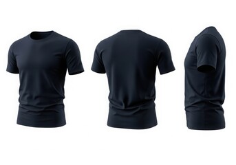Three views of a black short sleeve t shirt