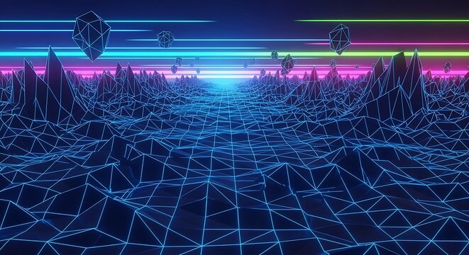 Neon retro 80s digital landscape with grid, mountains and shapes