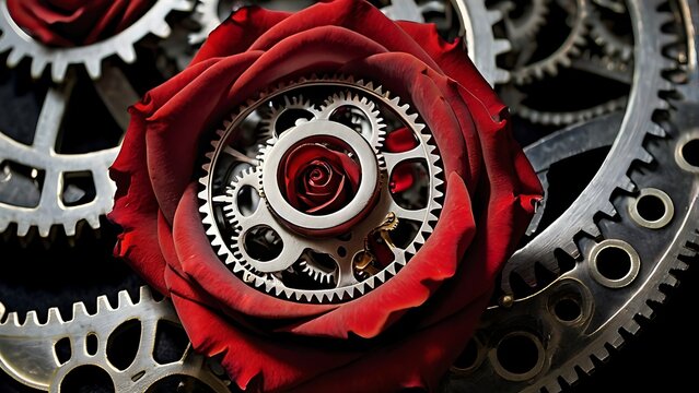 A vibrant red rose surrounded by intricate clock gears, symbolizing the fusion of nature and mechanics