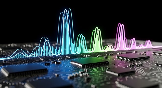 Electronic circuit board processing data with vibrant neon waves