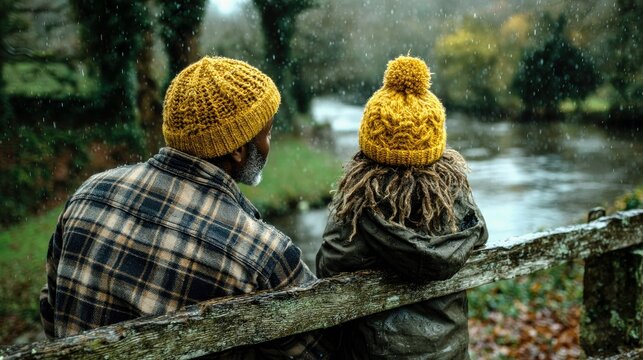 A man and a child, both wearing yellow knitted beanies, sit on a rustic wooden fence, gazing out at a flowing river on a dreary, rainy day.