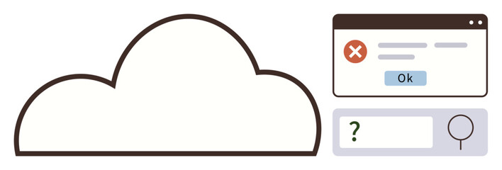 Cloud outline with error message popup and search bar symbolizes challenges and solutions in cloud computing. Ideal for technology, IT support, troubleshooting, online tools, web platforms, problem
