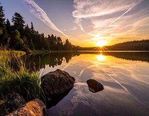 Sunset over a tranquil lake with vibrant reflections and tree-lined shores