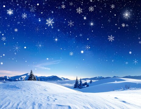 Snow-covered mountains and hills under a starlit winter sky