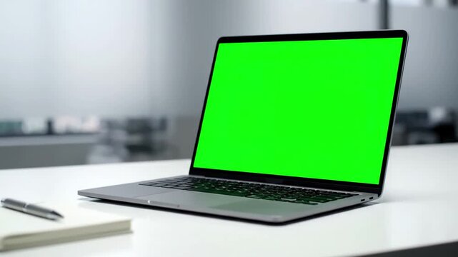 Modern Office Workspace with successful black businessman sitting at desk working on green screen laptop computer in anonymous businessperson using chroma key display stylish bright workplace over