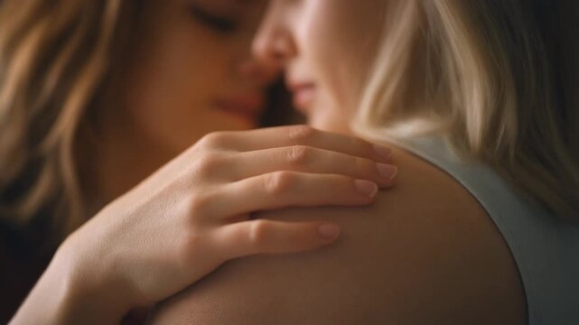 Close-up of a tender embrace between two women, with a hand gently resting on a bare shoulder.