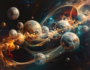 Surreal depiction of floating planetary spheres amid swirling cosmic energy