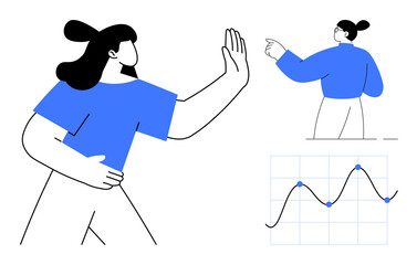 Two characters gesturing dynamically alongside a line graph with plotted points. Ideal for teamwork, communication, analytics, statistics, data analysis, leadership, direction, simple flat metaphor