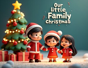 Fototapeta premium Cute animated family celebrating christmas with a decorated tree