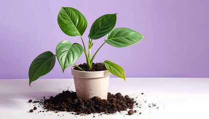 A potted plant with green leaves on a white surface against a purple backdrop