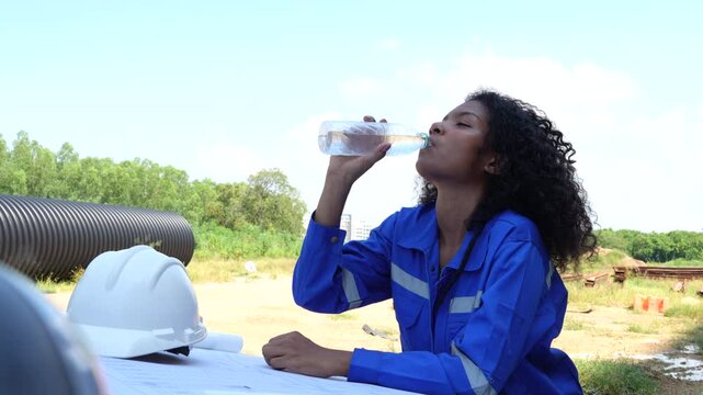 4k video A black female mechanical engineer in a safety uniform inspects and inspects piping systems for a new construction project of a large industrial building.	
