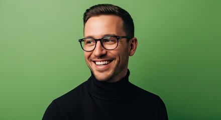 Obraz premium A Smiling Man in Glasses and a Black Turtleneck Against a Green Background