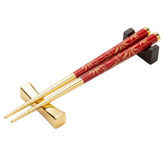 Pair of ornate red and gold chopsticks resting on a decorative golden chopstick rest isolated on transparent background