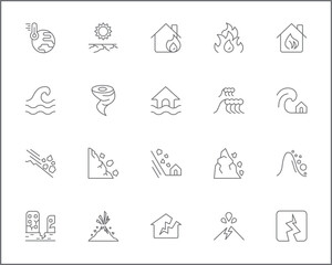 Set of disaster and storm Icons outlien style. Contains such Icons as fire, landslide, flood, drought, Natural Disaster, tornado, lighting, fog, forest fire, tsunami, hurricane And Other Elements.