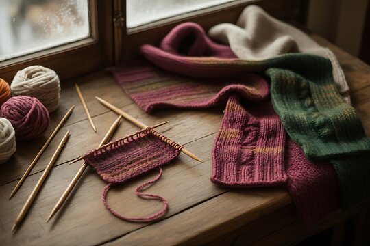 Cozy knitting project in progress creates a sense of calm relaxation perfect for wellness blogs and lifestyle articles celebrating slow living and handmade crafts