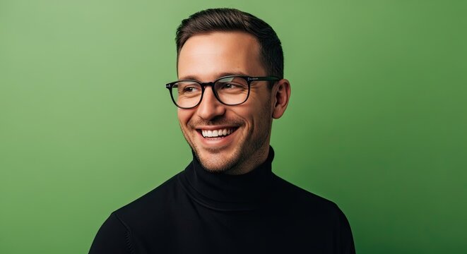 A Smiling Man in Glasses and a Black Turtleneck Against a Green Background