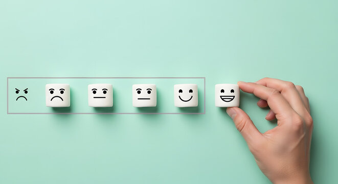 Sad to happy smiling face loading, mental health, attitude, positive and negative mind, influence emotion, support and depression - Powered by Adobe