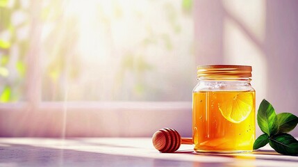 A glass jar filled with golden honey, a slice of lemon, and fresh green leaves sits on a surface with a honey dipper nearby, illuminated by warm sunlight.