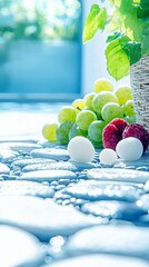 A close-up shot of fresh green grapes and red raspberries arranged on a textured stone surface, with green leaves and bright sunlight in the background.