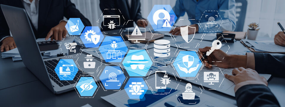 Cyber security icons show cyber attack defense, malware protection, and data security. Cybersecurity prevents hacking, ensures safety, and strengthens cyber attack resilience. Entice - Powered by Adobe