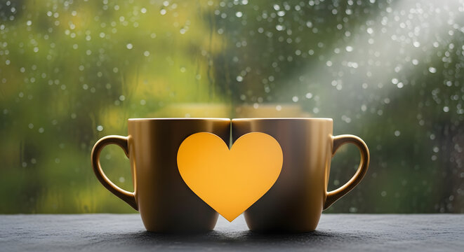 Mug couple with a huge heart on a window sill cuddle, cup of coffee, relationship and friendship concept, love