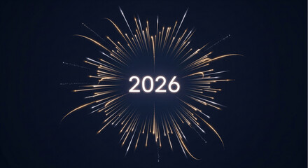 2026 New Year celebration background with golden fireworks explosion. Elegant dark holiday greeting card design with bright light burst for party invitations.