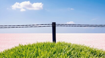 A fence post with barbed wire stretches across a vast pink salt flat, with a mound of green grass in the foreground under a blue sky.